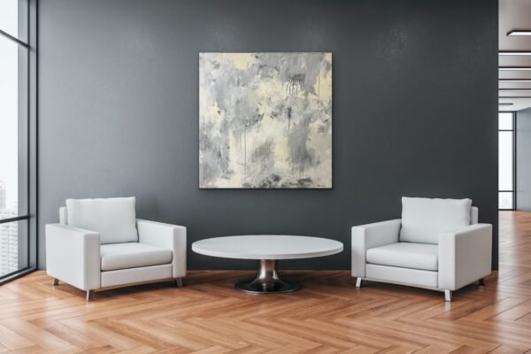 Soft grey, cream and white make this painting very versatile and work in all decors. This thick canvas painting with the sides painted add a modern true original piece of art work that makes a statement.