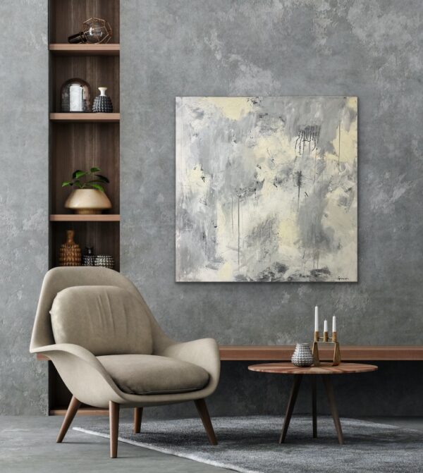 Soft grey, cream and white make this painting very versatile and work in all decors. This thick canvas painting with the sides painted add a modern true original piece of art work that makes a statement.