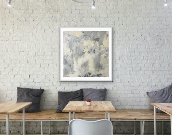 Soft grey, cream and white make this painting very versatile and work in all decors. This thick canvas painting with the sides painted add a modern true original piece of art work that makes a statement.