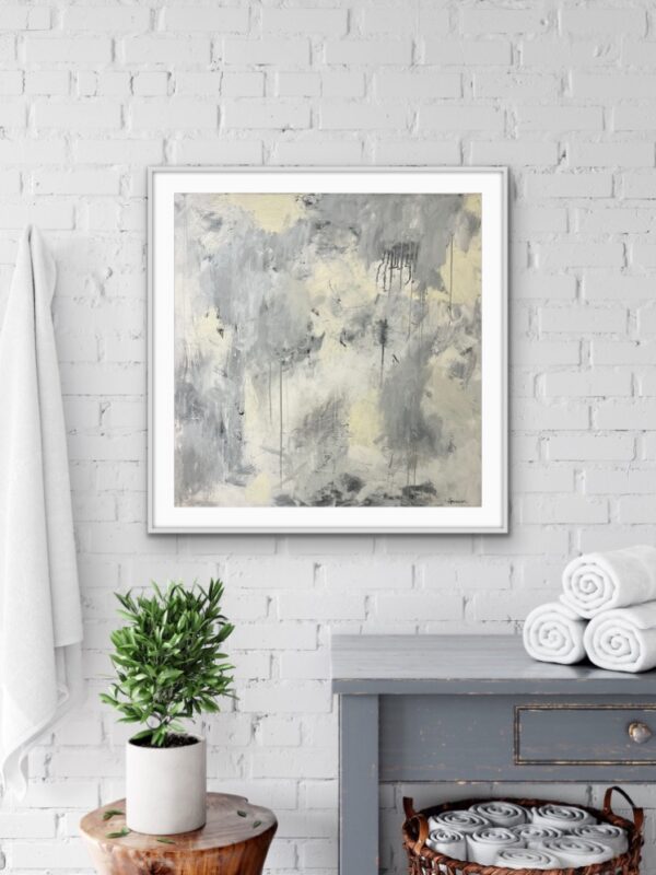 Soft grey, cream and white make this painting very versatile and work in all decors. This thick canvas painting with the sides painted add a modern true original piece of art work that makes a statement.
