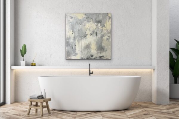 Soft grey, cream and white make this painting very versatile and work in all decors. This thick canvas painting with the sides painted add a modern true original piece of art work that makes a statement.