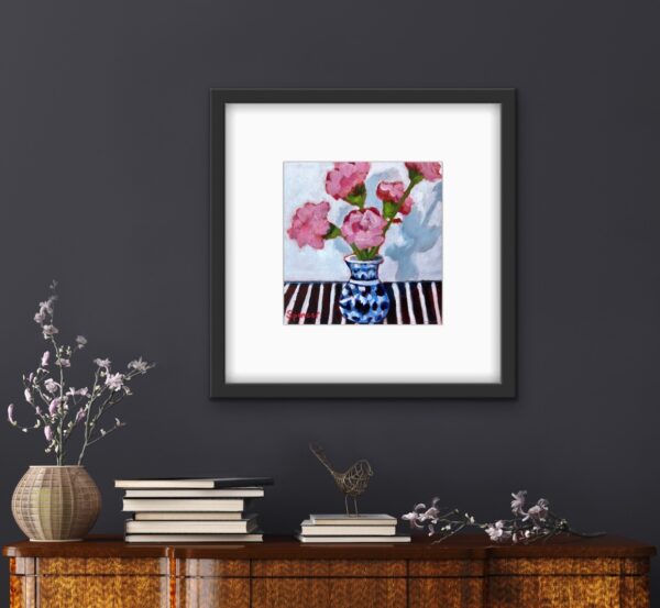 Candy Striper By Lynn Spencer Abstract Art is a colourful blue vase of pink carnations. Feminine small floral to cheer up any little space. Original Canadian wall Art.