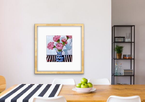 Candy Striper By Lynn Spencer Abstract Art is a colourful blue vase of pink carnations. Feminine small floral to cheer up any little space. Original Canadian wall Art.