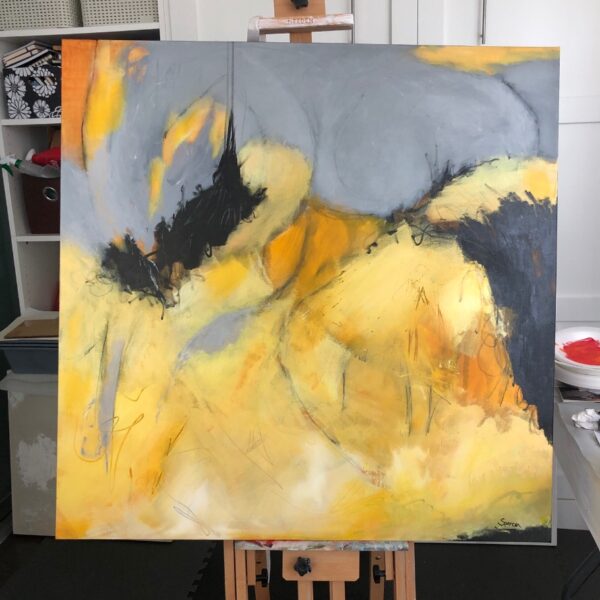Heat Wave was painted on a very hot and humid day. The air was very thick and the pavement boiling hot. This large painting has lots of flow to it and perfect for over a couch, bed or for a big wall. Buy original Canadian Abstract Art by Lynn Spencer