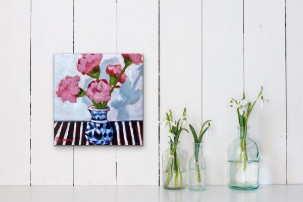 Candy Striper By Lynn Spencer Abstract Art is a colourful blue vase of pink carnations. Feminine small floral to cheer up any little space. Original Canadian wall Art.