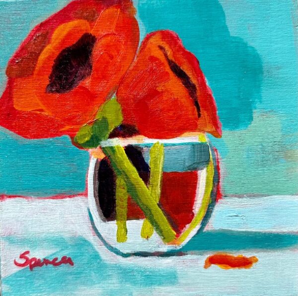 Colourful red poppy flowers by Lynn Spencer Art. Small original modern art can add a pop of colour to any room. Buy original wall art.