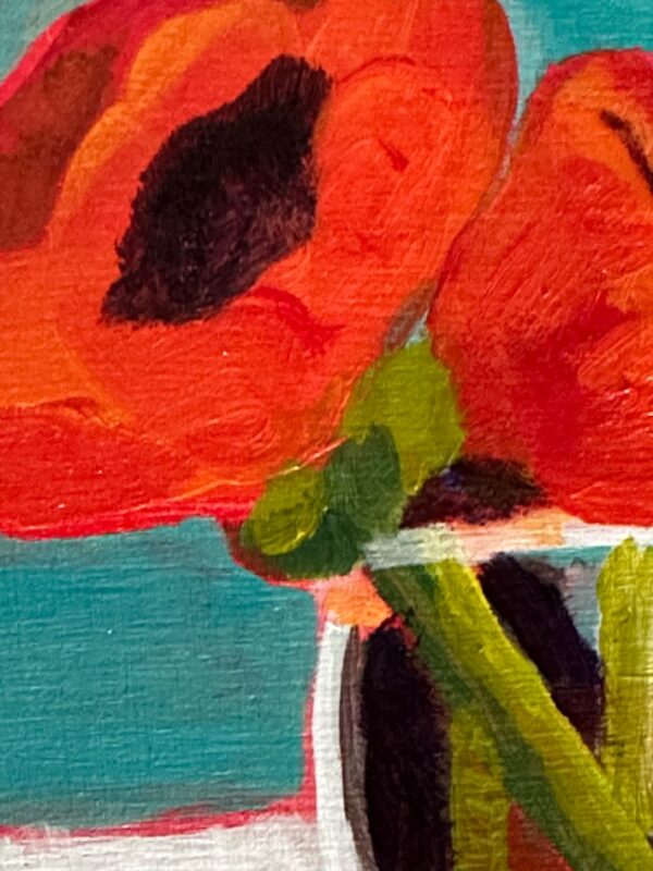 Colourful red poppy flowers by Lynn Spencer Art. Small original modern art can add a pop of colour to any room. Buy original wall art.