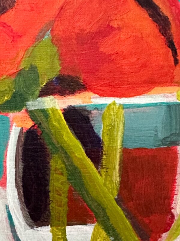 Colourful red poppy flowers by Lynn Spencer Art. Small original modern art can add a pop of colour to any room. Buy original wall art.