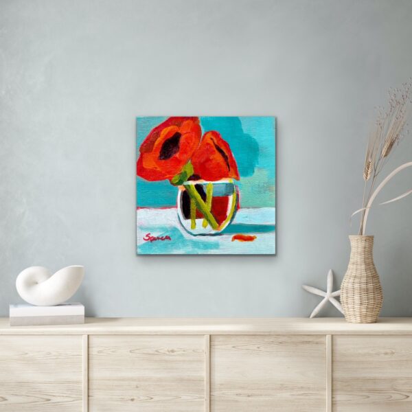 Colourful red poppy flowers by Lynn Spencer Art. Small original modern art can add a pop of colour to any room. Buy original wall art.