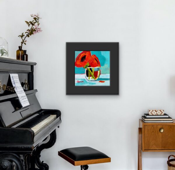 Colourful red poppy flowers by Lynn Spencer Art. Small original modern art can add a pop of colour to any room. Buy original wall art.
