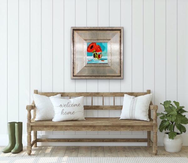 Colourful red poppy flowers by Lynn Spencer Art. Small original modern art can add a pop of colour to any room. Buy original wall art.