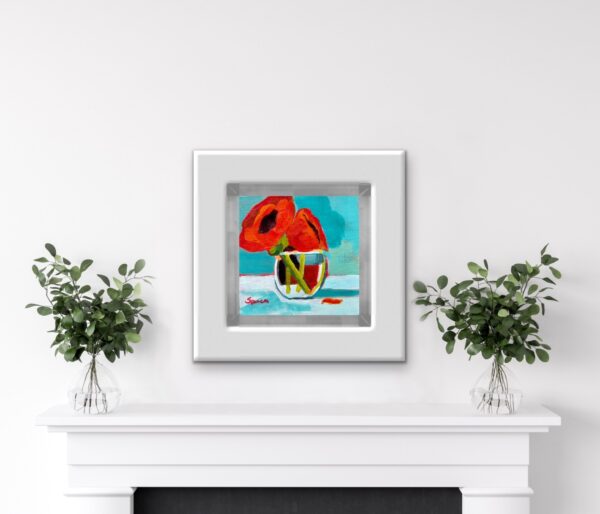 Colourful red poppy flowers by Lynn Spencer Art. Small original modern art can add a pop of colour to any room. Buy original wall art.