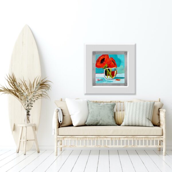 Colourful red poppy flowers by Lynn Spencer Art. Small original modern art can add a pop of colour to any room. Buy original wall art.