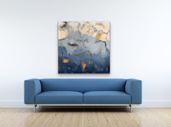 Go With the Flow by Lynn Spencer Abstract Art. In blue and gold colours this painting shows lots of movement where it could be sky or water. Large abstract cool colour painting would complete space over a couch or a bed. Original modern acrylic painting by Canadian Artist