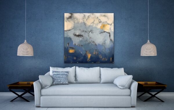 Go With the Flow by Lynn Spencer Abstract Art. In blue and gold colours this painting shows lots of movement where it could be sky or water. Large abstract cool colour painting would complete space over a couch or a bed. Original modern acrylic painting by Canadian Artist