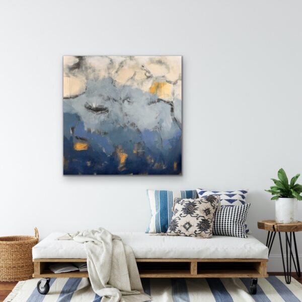 Go With the Flow by Lynn Spencer Abstract Art. In blue and gold colours this painting shows lots of movement where it could be sky or water. Large abstract cool colour painting would complete space over a couch or a bed. Original modern acrylic painting by Canadian Artist