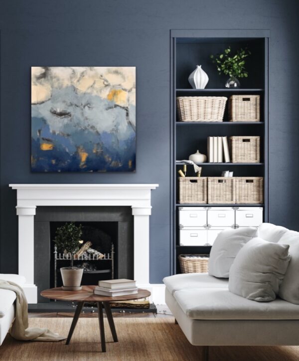 Go With the Flow by Lynn Spencer Abstract Art. In blue and gold colours this painting shows lots of movement where it could be sky or water. Large abstract cool colour painting would complete space over a couch or a bed. Original modern acrylic painting by Canadian Artist