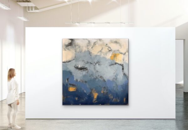 Go With the Flow by Lynn Spencer Abstract Art. In blue and gold colours this painting shows lots of movement where it could be sky or water. Large abstract cool colour painting would complete space over a couch or a bed. Original modern acrylic painting by Canadian Artist