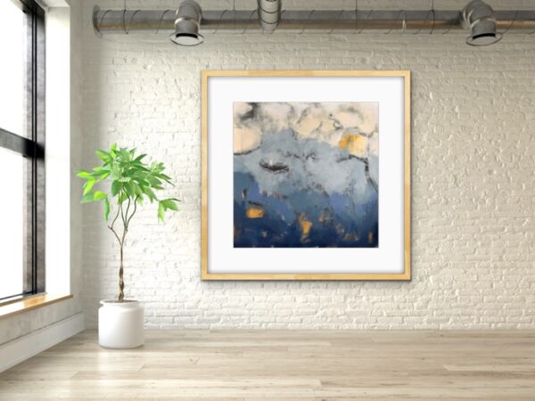 Go With the Flow by Lynn Spencer Abstract Art. In blue and gold colours this painting shows lots of movement where it could be sky or water. Large abstract cool colour painting would complete space over a couch or a bed. Original modern acrylic painting by Canadian Artist