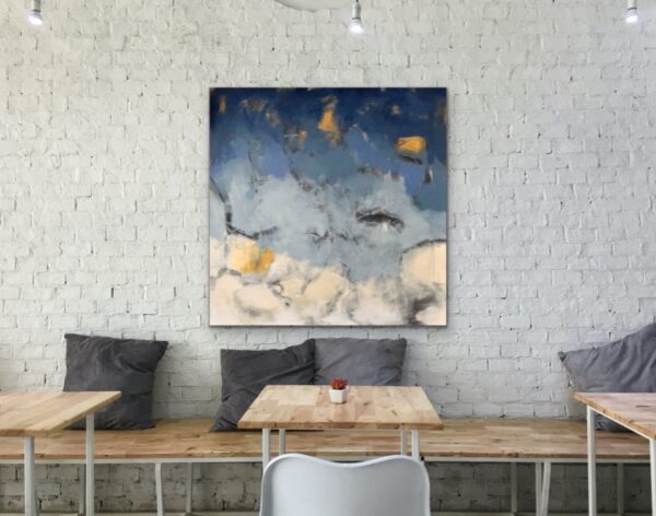 Go With the Flow by Lynn Spencer Abstract Art. In blue and gold colours this painting shows lots of movement where it could be sky or water. Large abstract cool colour painting would complete space over a couch or a bed. Original modern acrylic painting by Canadian Artist