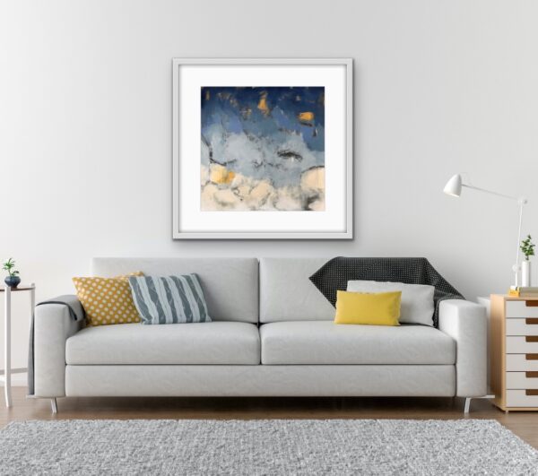 Go With the Flow by Lynn Spencer Abstract Art. In blue and gold colours this painting shows lots of movement where it could be sky or water. Large abstract cool colour painting would complete space over a couch or a bed. Original modern acrylic painting by Canadian Artist