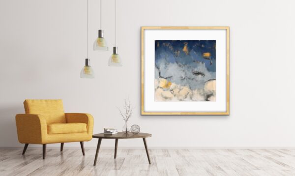Go With the Flow by Lynn Spencer Abstract Art. In blue and gold colours this painting shows lots of movement where it could be sky or water. Large abstract cool colour painting would complete space over a couch or a bed. Original modern acrylic painting by Canadian Artist
