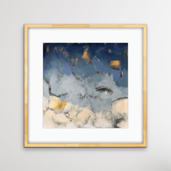 Go With the Flow by Lynn Spencer Abstract Art. In blue and gold colours this painting shows lots of movement where it could be sky or water. Large abstract cool colour painting would complete space over a couch or a bed. Original modern acrylic painting by Canadian Artist