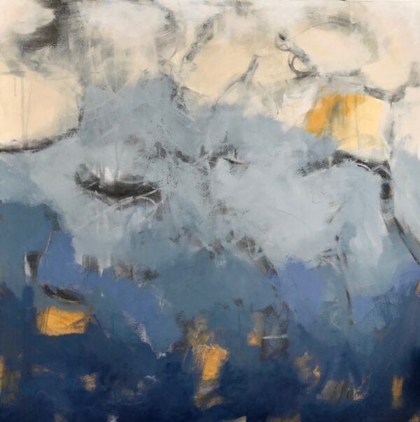 Go With the Flow by Lynn Spencer Abstract Art. In blue and gold colours this painting shows lots of movement where it could be sky or water. Large abstract cool colour painting would complete space over a couch or a bed. Original modern acrylic painting by Canadian Artist