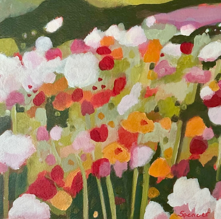 Happy Dance - Spring makes everyone happy after a long winter. Bright colours of flowers in a field. Buy colourful modern original art work