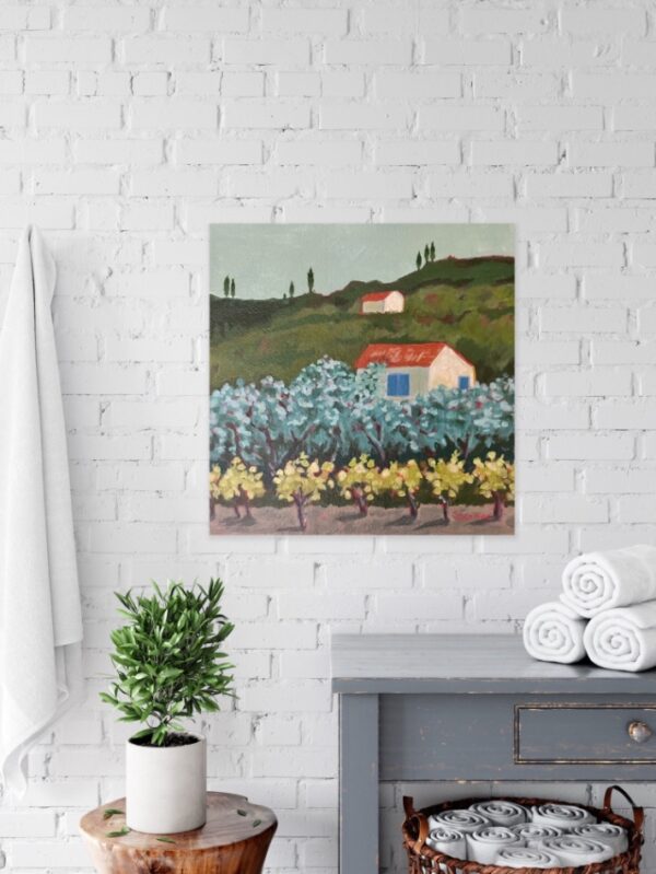 French Country by Lynn Spencer is the memory of France with outskirts with the grape and olive trees. This painting would be perfect in a little place that gives the feeling of France.