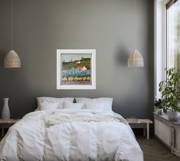 French Country by Lynn Spencer is the memory of France with outskirts with the grape and olive trees. This painting would be perfect in a little place that gives the feeling of France.