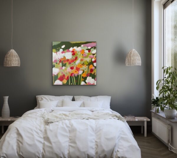 Happy Dance - Spring makes everyone happy after a long winter. Bright colours of flowers in a field. Buy colourful modern original art work