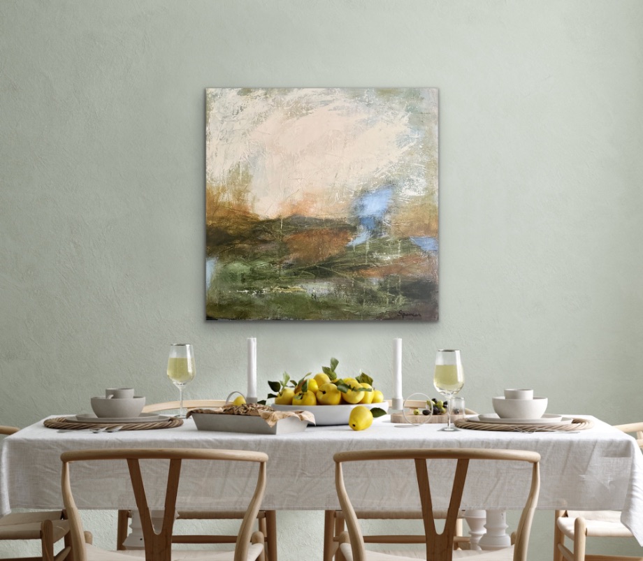 Harvest by Lynn Spencer Abstract Art. Displaying the warm hues of the beautiful fields to be harvested. Abstracted Landscape can add to your hallway or any room. Feel good about buying original art.