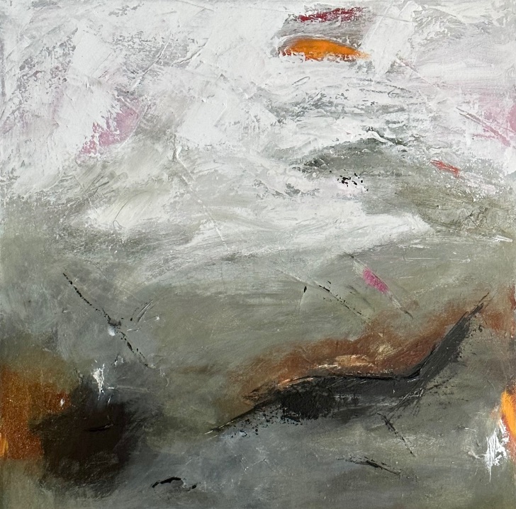 Snow Squalls by Lynn Spencer was inspired by our windy snowy days that create the snow moving in all directions. In this painting you can feel the connection of the movement in the storm.