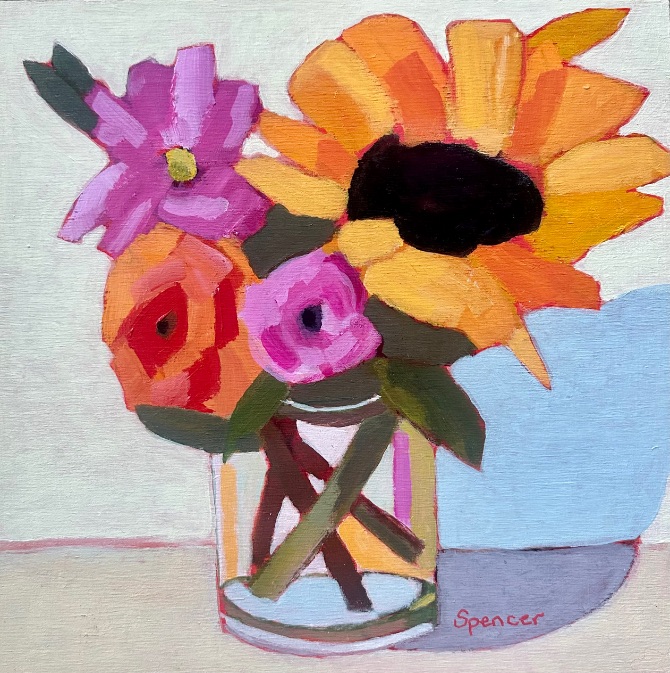Colourful yellow and pink spring flowers by Lynn Spencer Art. Small original wall art can add a pop of colour to any room
