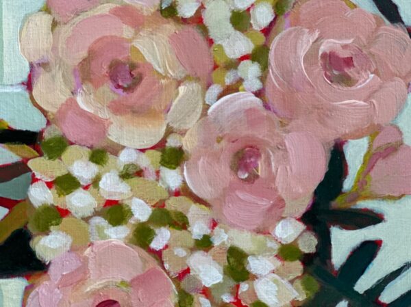 Colourful pink and white hydrangea flowers by Lynn Spencer Art. Small original modern art can add a pop of colour to any room