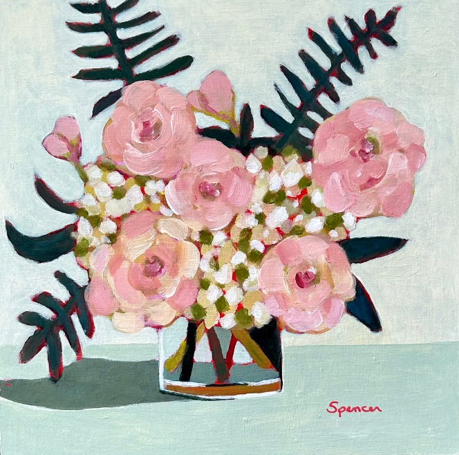 Colourful pink and white hydrangea flowers by Lynn Spencer Art. Small original modern art can add a pop of colour to any room