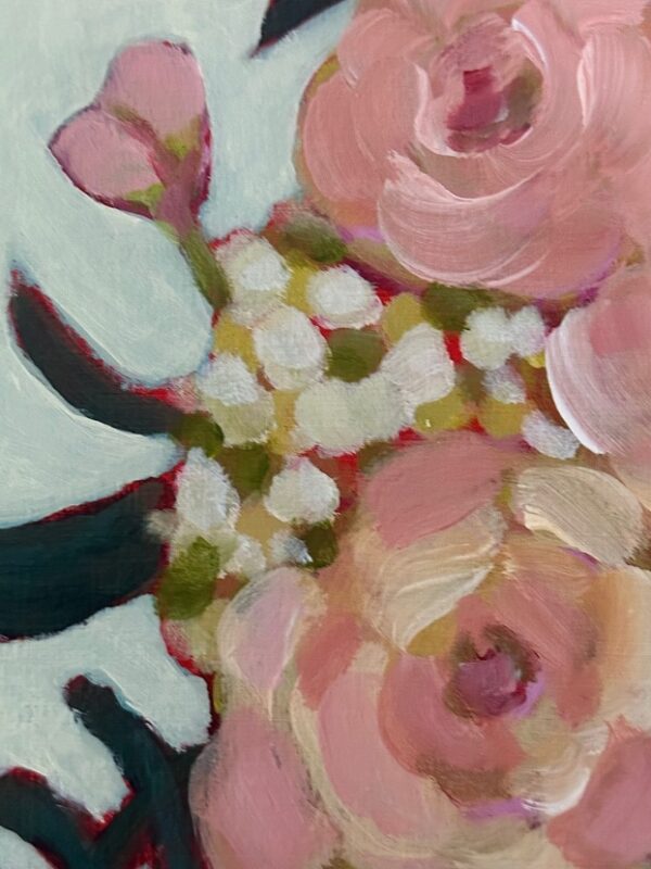 Colourful pink and white hydrangea flowers by Lynn Spencer Art. Small original modern art can add a pop of colour to any room