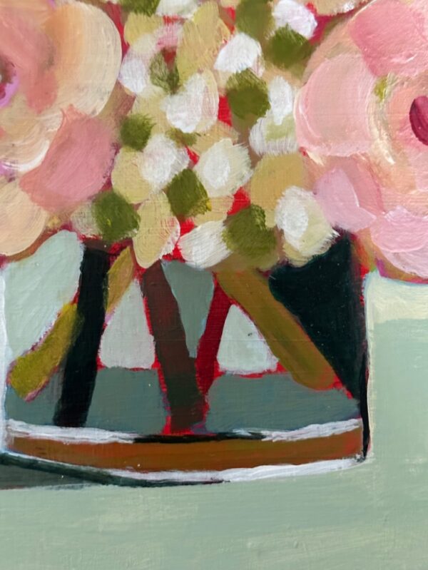 Colourful pink and white hydrangea flowers by Lynn Spencer Art. Small original modern art can add a pop of colour to any room
