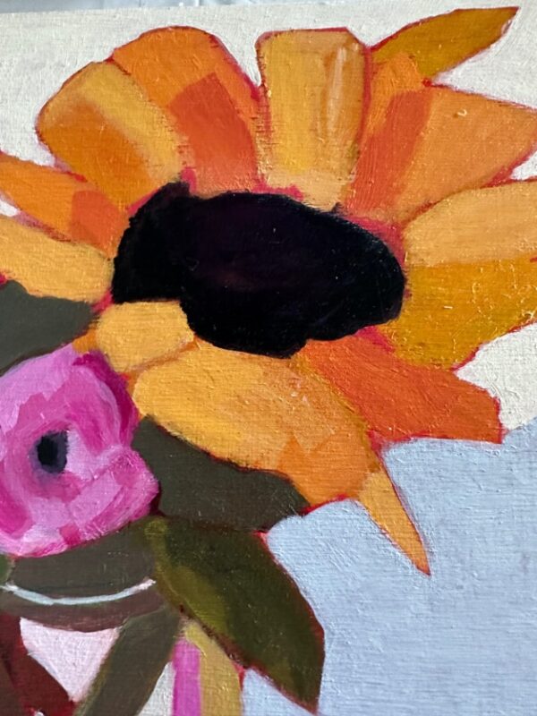 Colourful yellow and pink spring flowers by Lynn Spencer Art. Small original wall art can add a pop of colour to any room