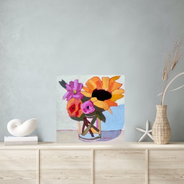 Colourful yellow and pink spring flowers by Lynn Spencer Art. Small original wall art can add a pop of colour to any room