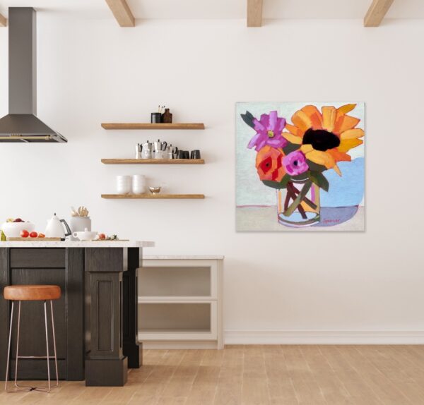 Colourful yellow and pink spring flowers by Lynn Spencer Art. Small original wall art can add a pop of colour to any room