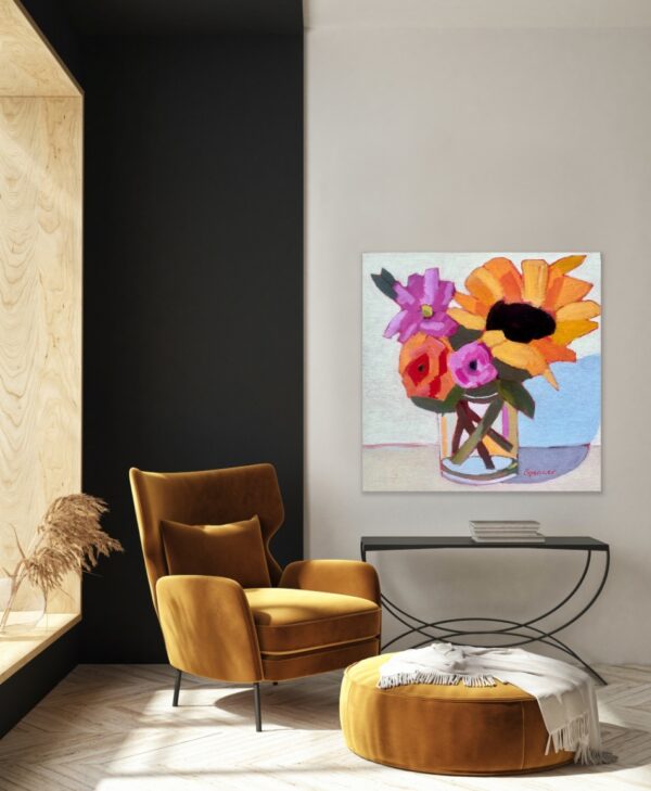 Colourful yellow and pink spring flowers by Lynn Spencer Art. Small original wall art can add a pop of colour to any room