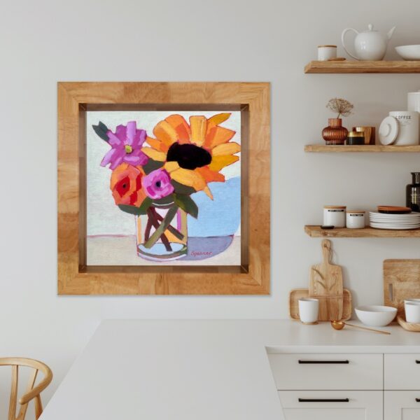 Colourful yellow and pink spring flowers by Lynn Spencer Art. Small original wall art can add a pop of colour to any room