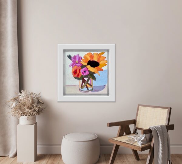 Colourful yellow and pink spring flowers by Lynn Spencer Art. Small original wall art can add a pop of colour to any room