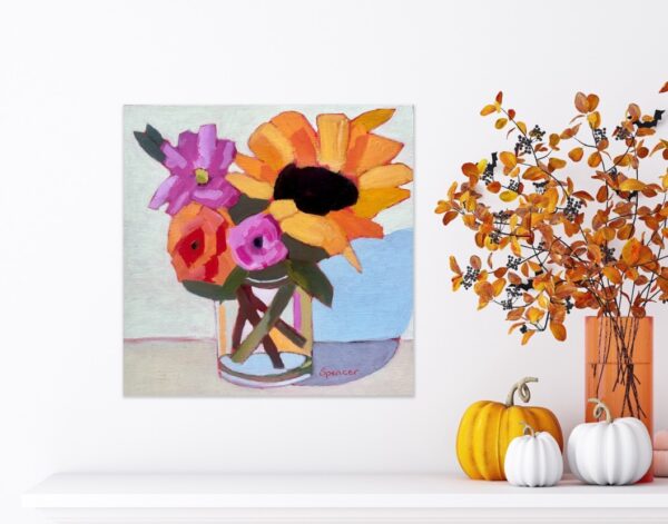Colourful yellow and pink spring flowers by Lynn Spencer Art. Small original wall art can add a pop of colour to any room
