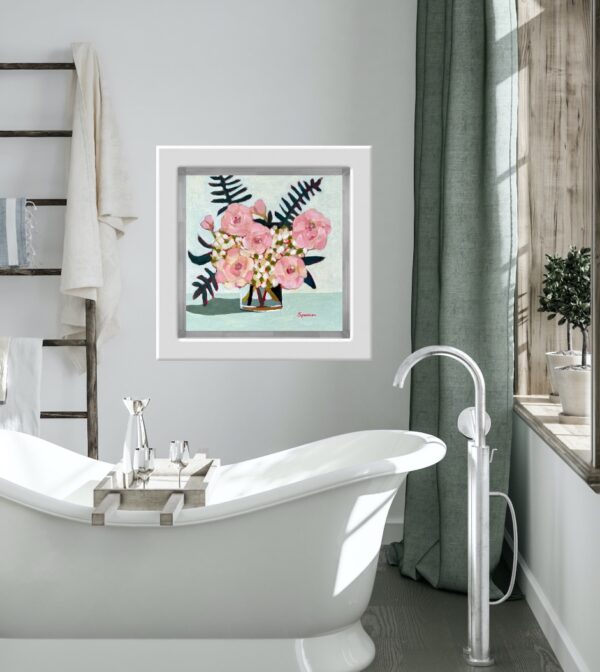 Colourful pink and white hydrangea flowers by Lynn Spencer Art. Small original modern art can add a pop of colour to any room