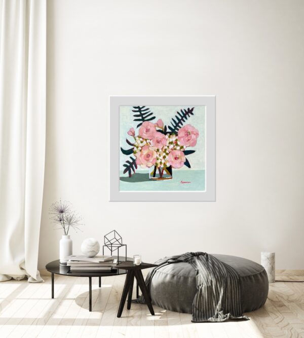 Colourful pink and white hydrangea flowers by Lynn Spencer Art. Small original modern art can add a pop of colour to any room