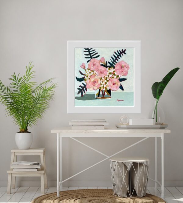 Colourful pink and white hydrangea flowers by Lynn Spencer Art. Small original modern art can add a pop of colour to any room