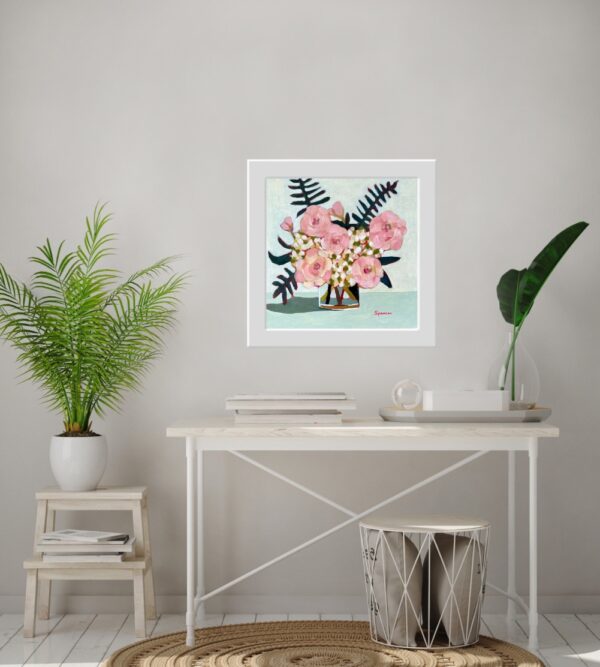 Colourful pink and white hydrangea flowers by Lynn Spencer Art. Small original modern art can add a pop of colour to any room